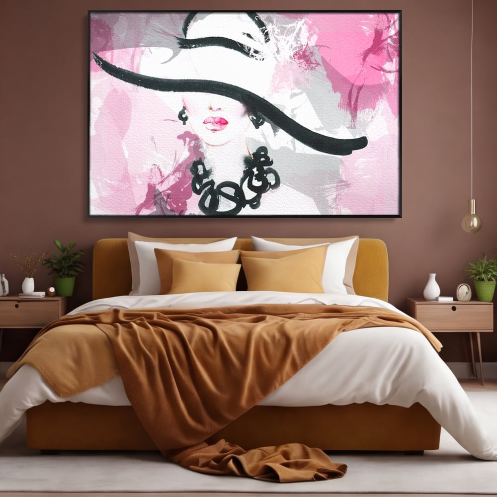 Tablou Canvas Premium, LuxCanva® G1083, Chic si Elegant, Palarie, Accesoriu, Colier, Roz, Sofisticata, Stil, Fashion, Lady, Bijuterie, Living, Dormitor