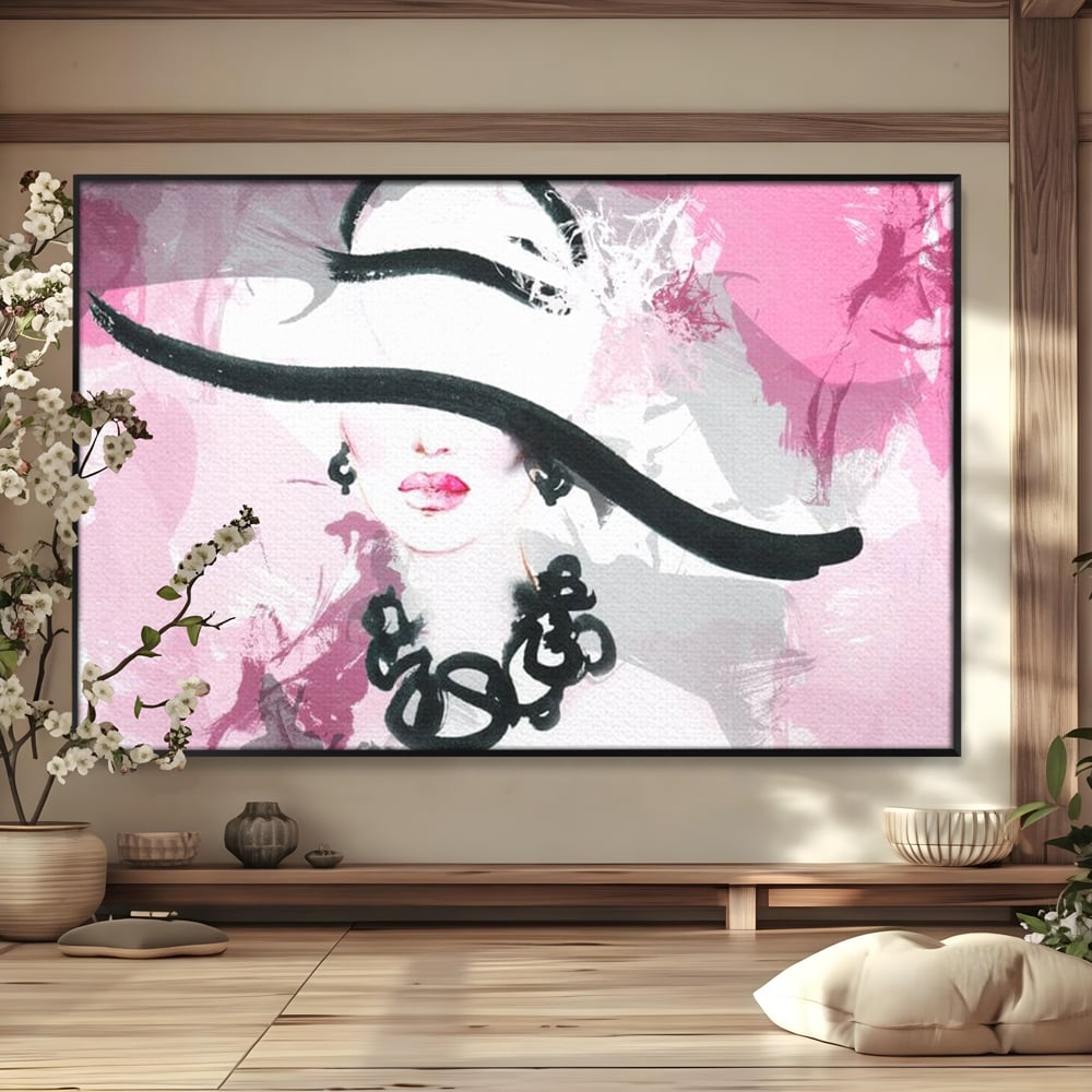 Tablou Canvas Premium, LuxCanva® G1083, Chic si Elegant, Palarie, Accesoriu, Colier, Roz, Sofisticata, Stil, Fashion, Lady, Bijuterie, Living, Dormitor
