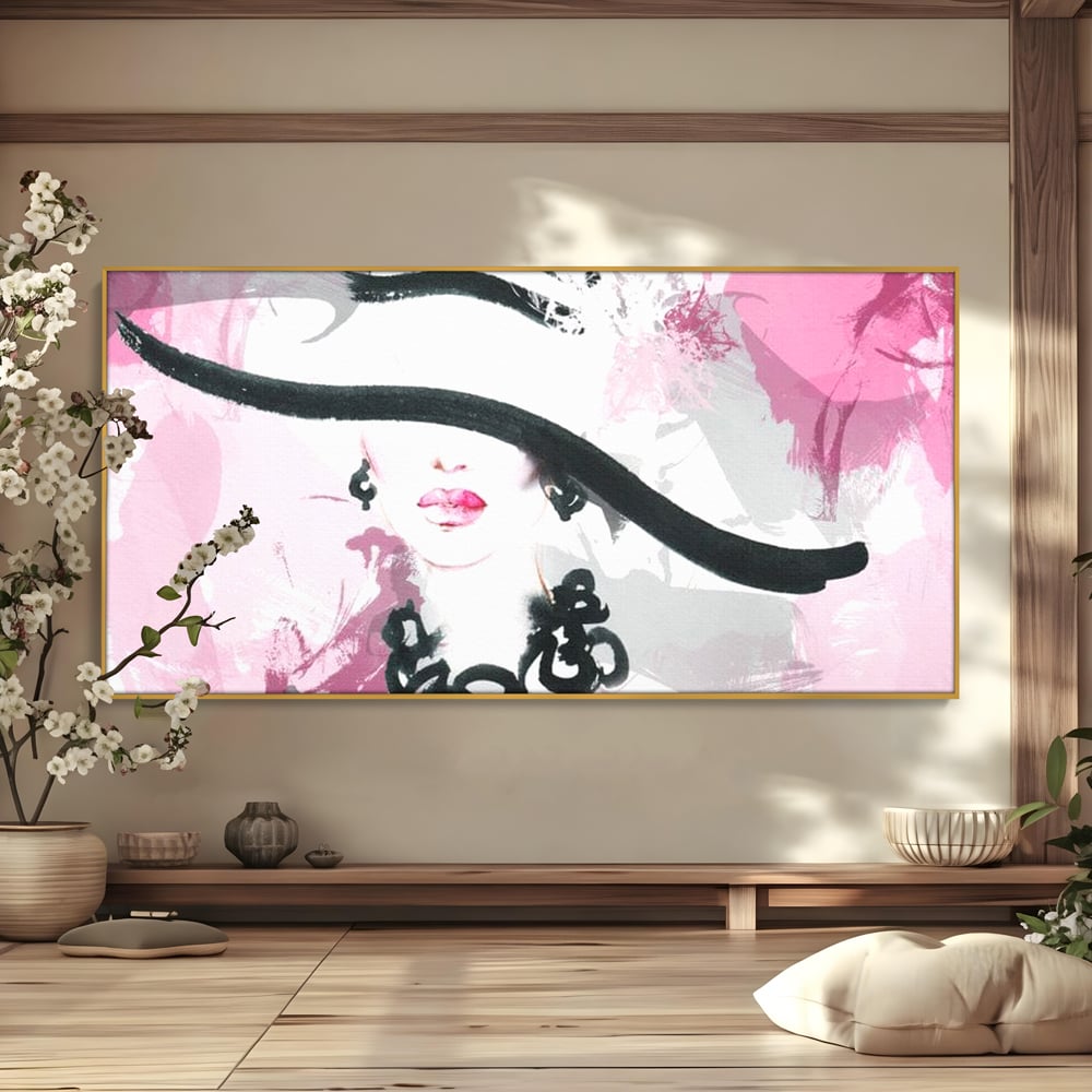 Tablou Canvas Premium, LuxCanva® G1083, Chic si Elegant, Palarie, Accesoriu, Colier, Roz, Sofisticata, Stil, Fashion, Lady, Bijuterie, Living, Dormitor