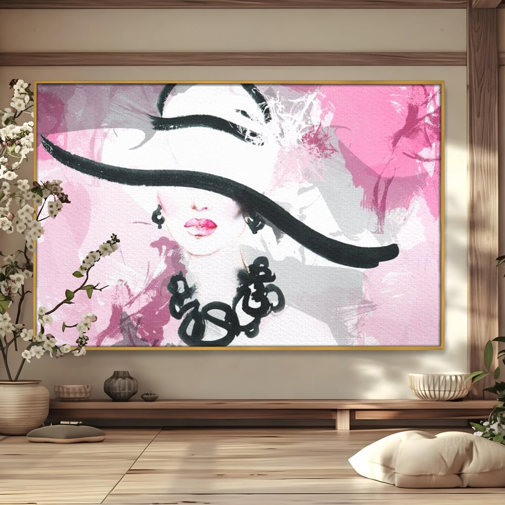 Tablou Canvas Premium, LuxCanva® G1083, Chic si Elegant, Palarie, Accesoriu, Colier, Roz, Sofisticata, Stil, Fashion, Lady, Bijuterie, Living, Dormitor