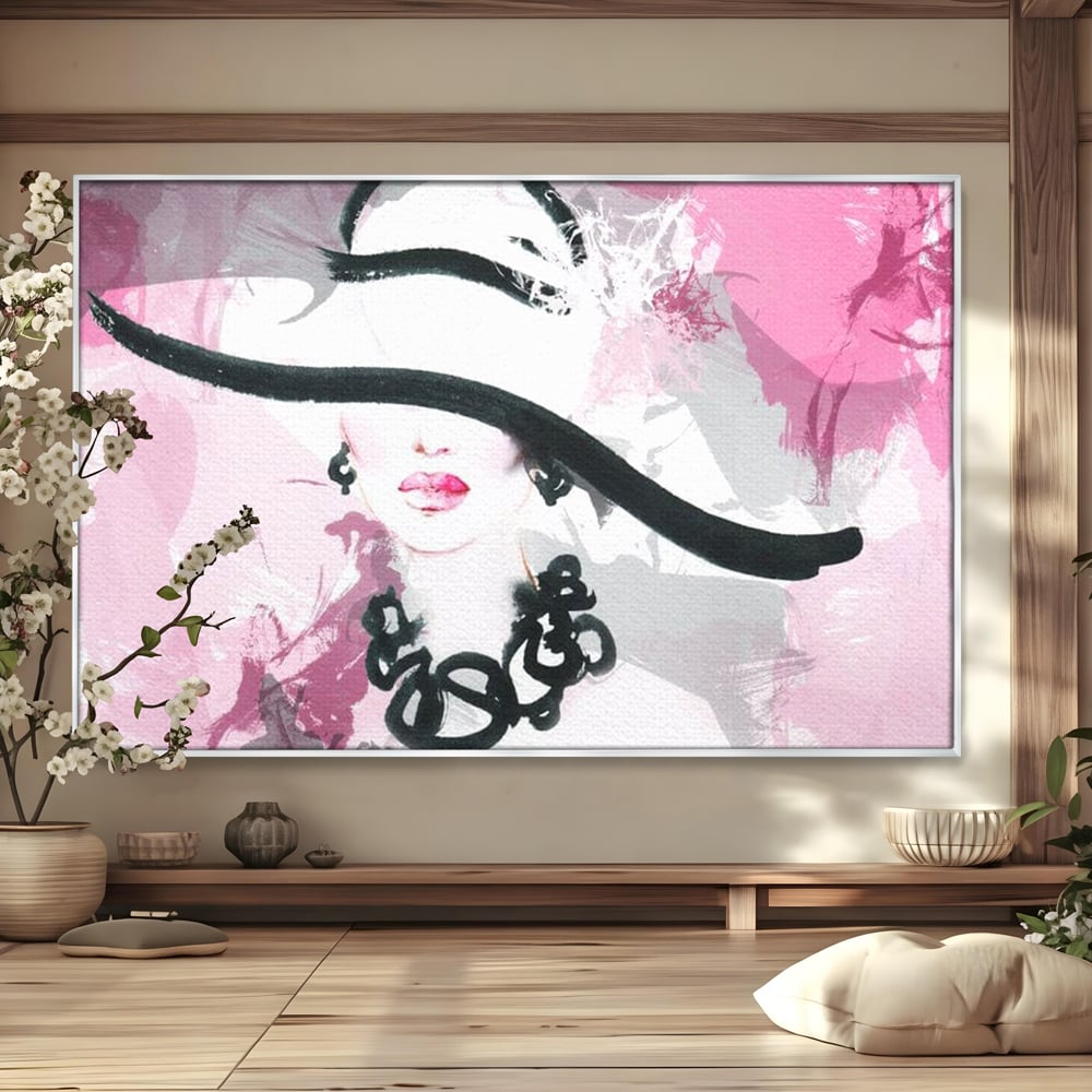 Tablou Canvas Premium, LuxCanva® G1083, Chic si Elegant, Palarie, Accesoriu, Colier, Roz, Sofisticata, Stil, Fashion, Lady, Bijuterie, Living, Dormitor