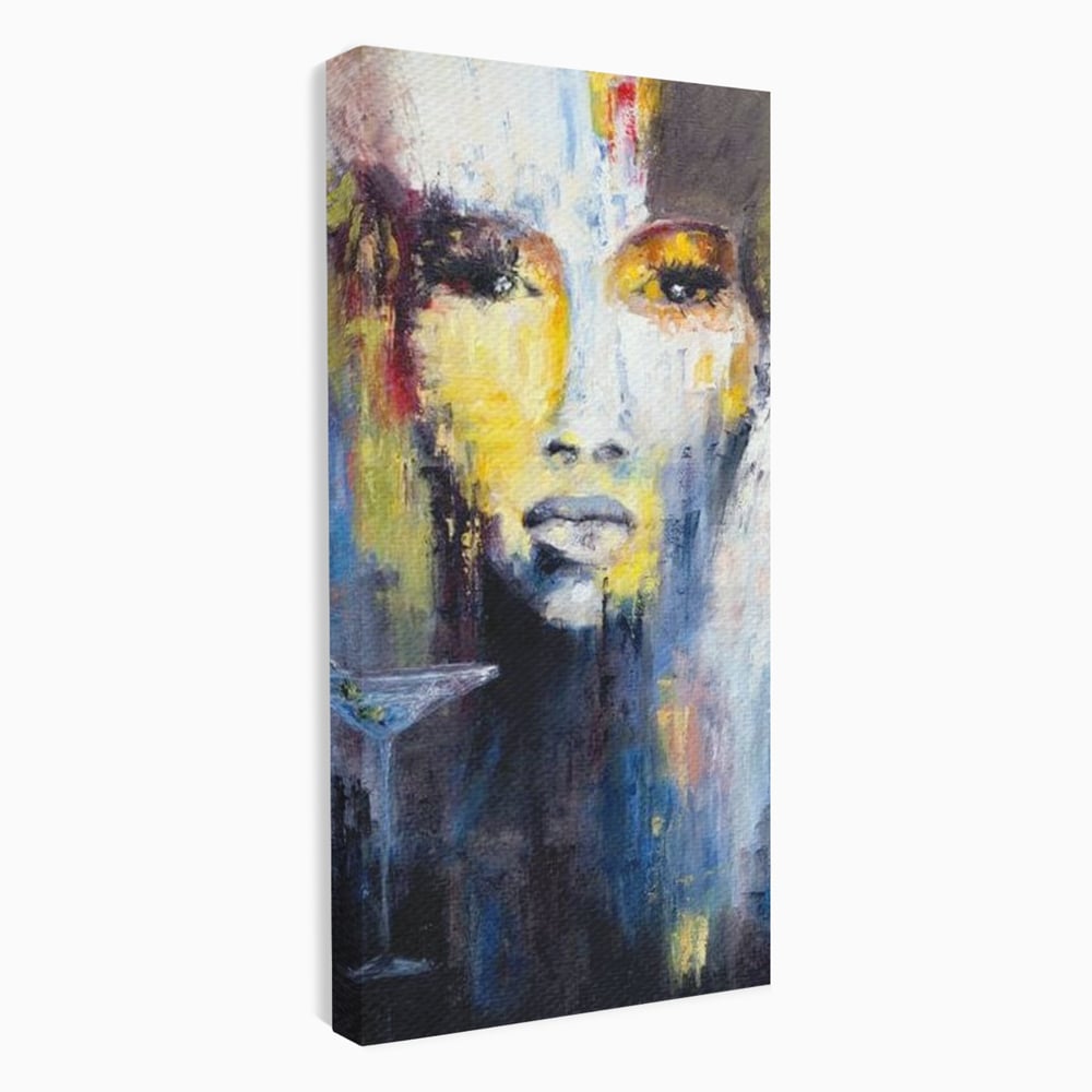 Leinwand Premium Canvas Wandkunst, LuxCanva® G1084, Frau mit Martini, Getränk, Glas, Restaurant, Cocktail, rätselhaft, abstrakt, Party, Wohnen, Schlafzimmer