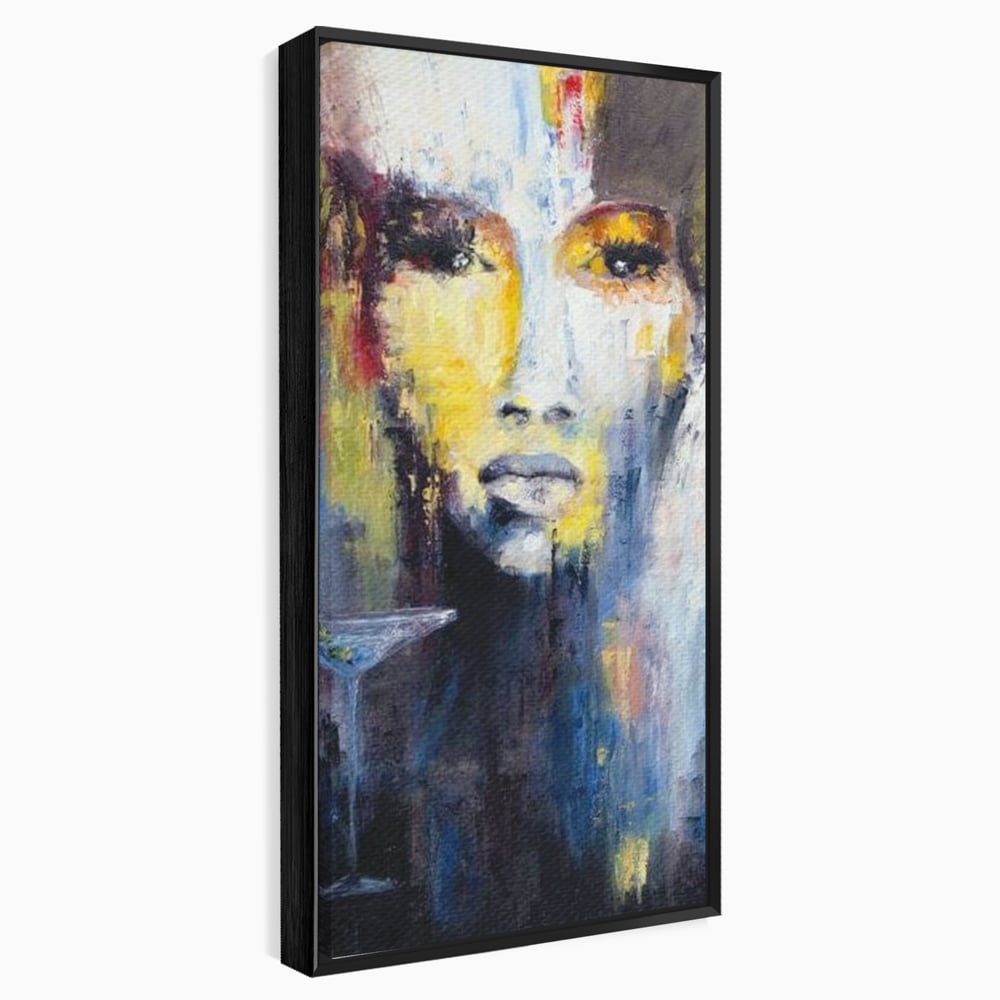 Leinwand Premium Canvas Wandkunst, LuxCanva® G1084, Frau mit Martini, Getränk, Glas, Restaurant, Cocktail, rätselhaft, abstrakt, Party, Wohnen, Schlafzimmer