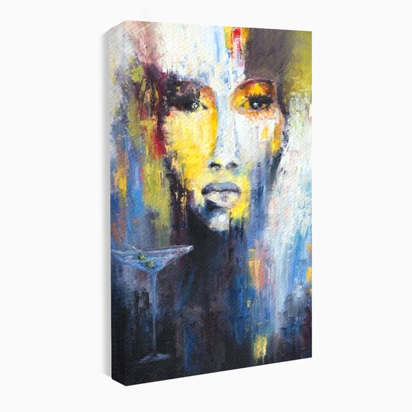 Leinwand Premium Canvas Wandkunst, LuxCanva® G1084, Frau mit Martini, Getränk, Glas, Restaurant, Cocktail, rätselhaft, abstrakt, Party, Wohnen, Schlafzimmer