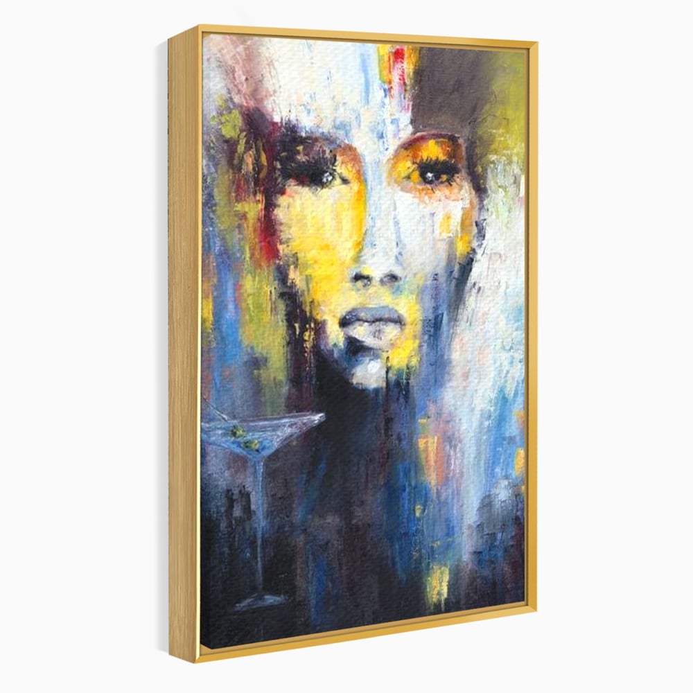 Leinwand Premium Canvas Wandkunst, LuxCanva® G1084, Frau mit Martini, Getränk, Glas, Restaurant, Cocktail, rätselhaft, abstrakt, Party, Wohnen, Schlafzimmer