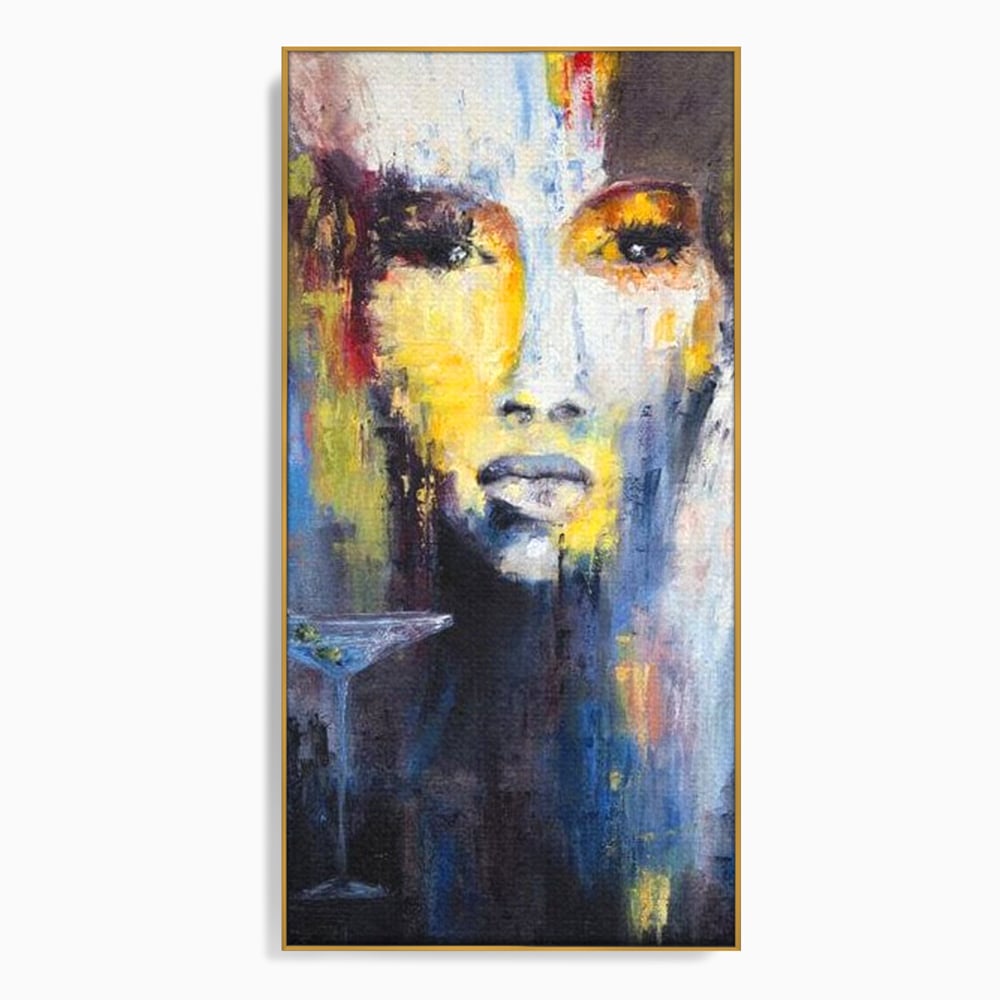 Leinwand Premium Canvas Wandkunst, LuxCanva® G1084, Frau mit Martini, Getränk, Glas, Restaurant, Cocktail, rätselhaft, abstrakt, Party, Wohnen, Schlafzimmer