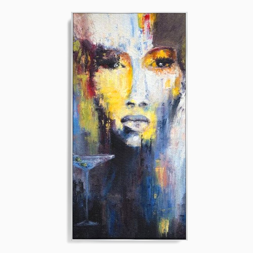 Leinwand Premium Canvas Wandkunst, LuxCanva® G1084, Frau mit Martini, Getränk, Glas, Restaurant, Cocktail, rätselhaft, abstrakt, Party, Wohnen, Schlafzimmer