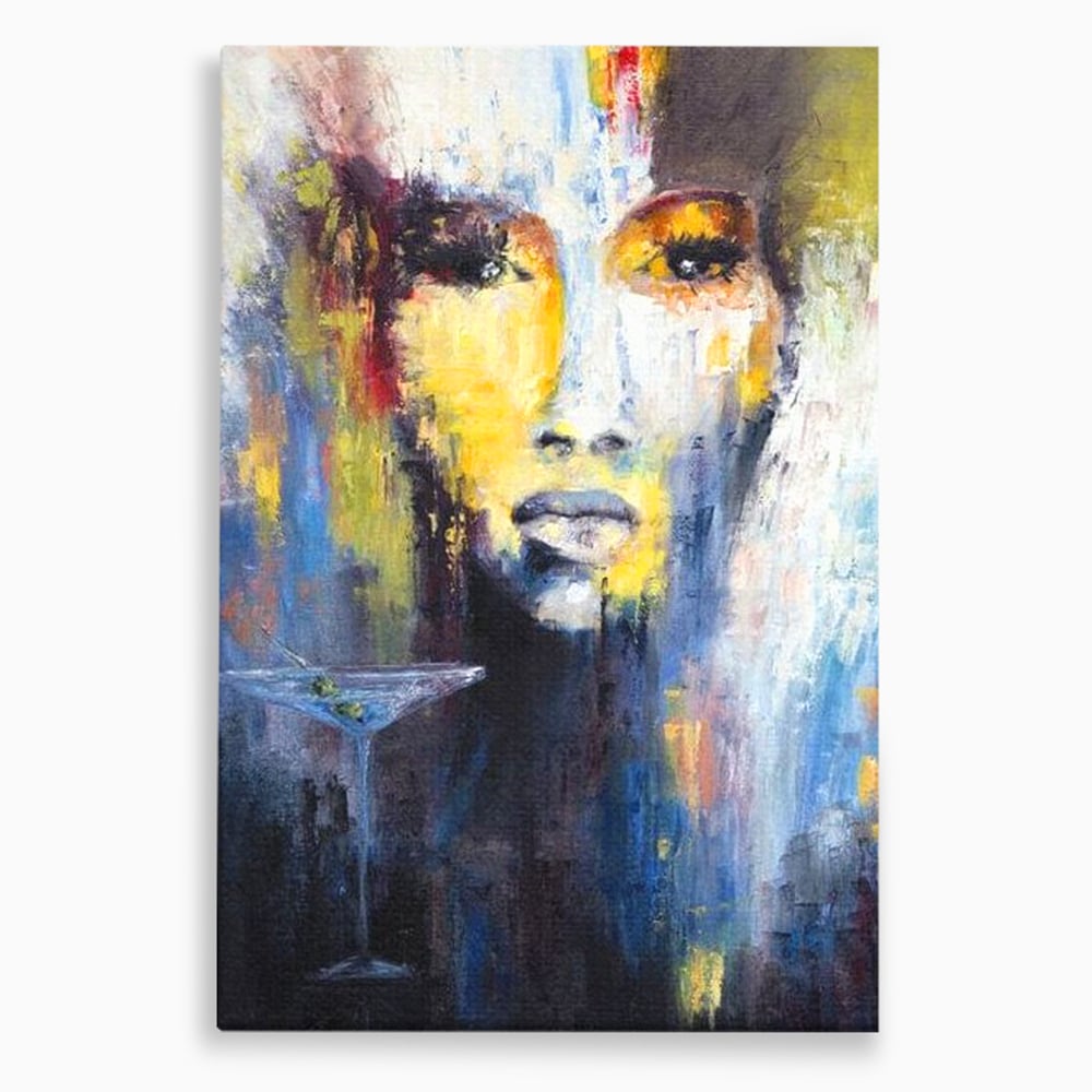 Leinwand Premium Canvas Wandkunst, LuxCanva® G1084, Frau mit Martini, Getränk, Glas, Restaurant, Cocktail, rätselhaft, abstrakt, Party, Wohnen, Schlafzimmer