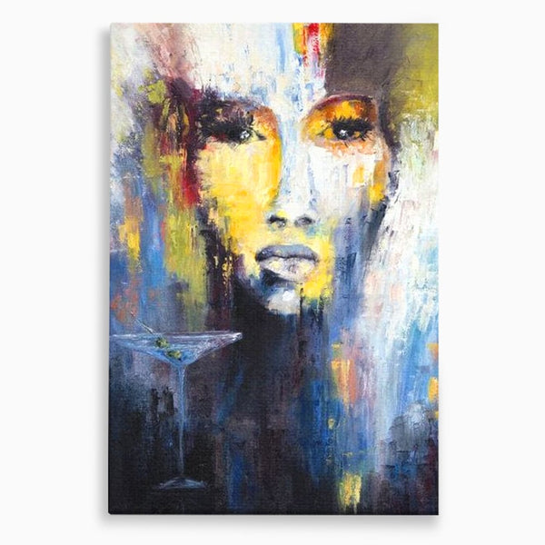 Leinwand Premium Canvas Wandkunst, LuxCanva® G1084, Frau mit Martini, Getränk, Glas, Restaurant, Cocktail, rätselhaft, abstrakt, Party, Wohnen, Schlafzimmer