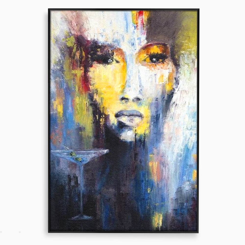 Leinwand Premium Canvas Wandkunst, LuxCanva® G1084, Frau mit Martini, Getränk, Glas, Restaurant, Cocktail, rätselhaft, abstrakt, Party, Wohnen, Schlafzimmer