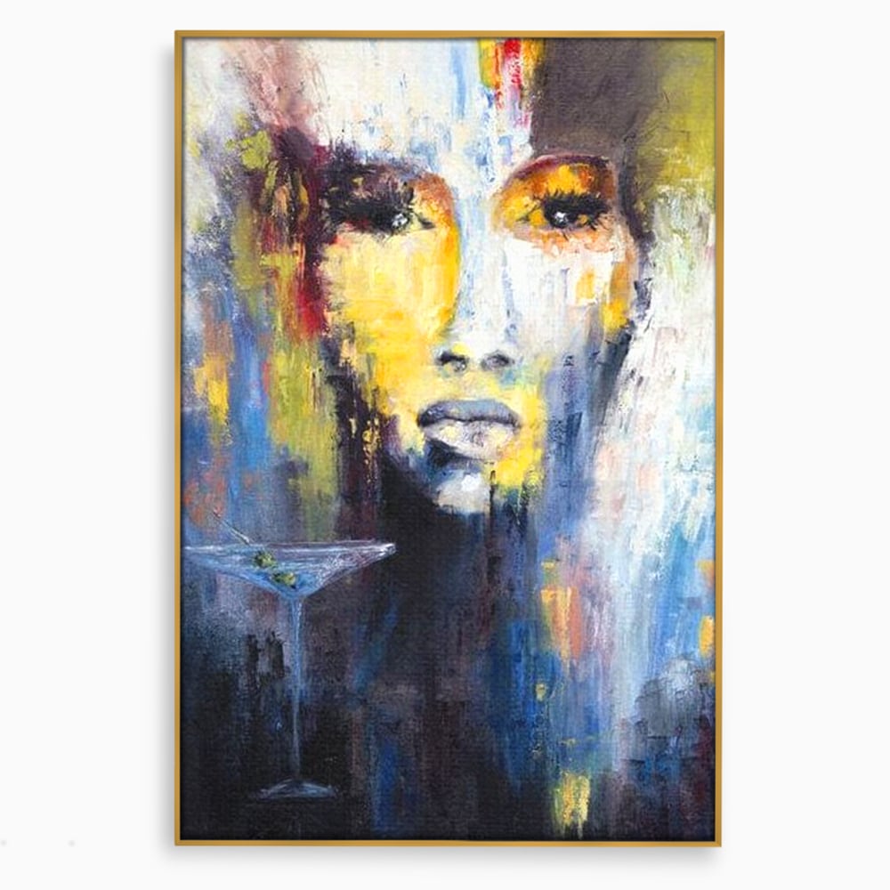 Leinwand Premium Canvas Wandkunst, LuxCanva® G1084, Frau mit Martini, Getränk, Glas, Restaurant, Cocktail, rätselhaft, abstrakt, Party, Wohnen, Schlafzimmer