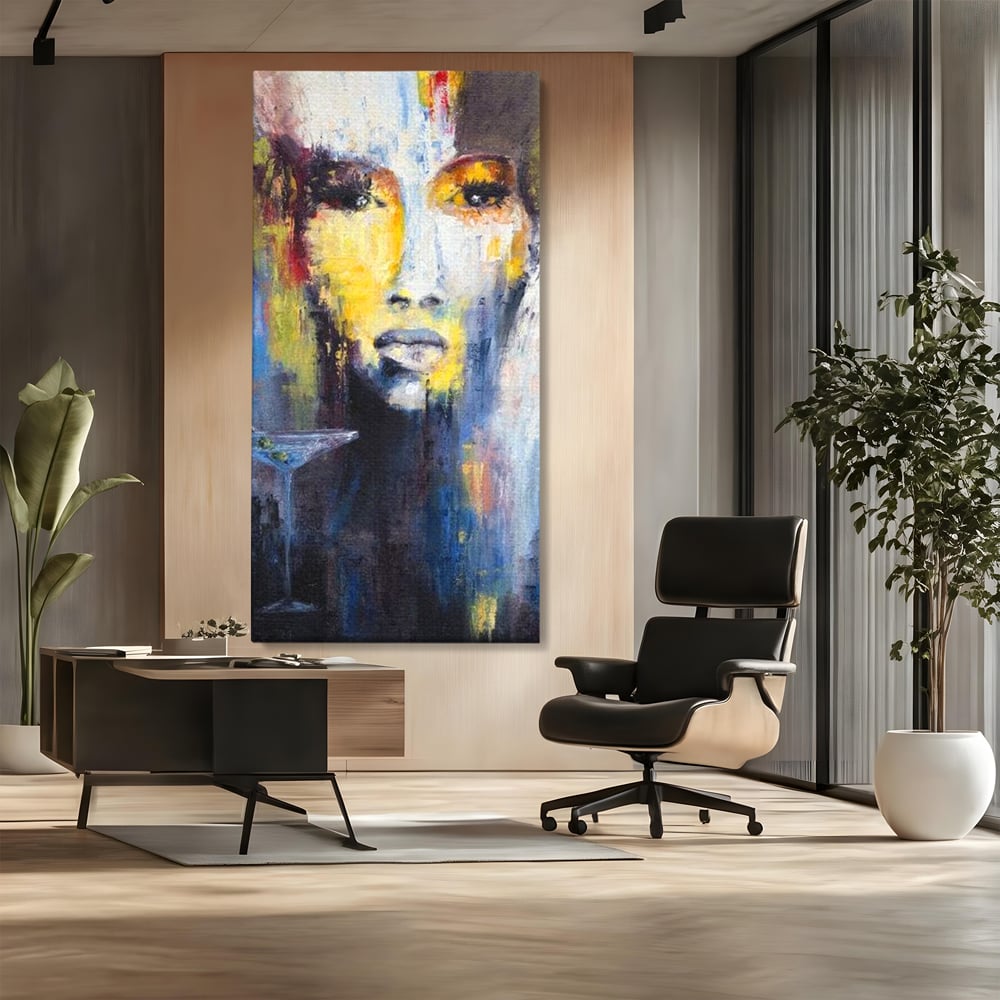 Leinwand Premium Canvas Wandkunst, LuxCanva® G1084, Frau mit Martini, Getränk, Glas, Restaurant, Cocktail, rätselhaft, abstrakt, Party, Wohnen, Schlafzimmer