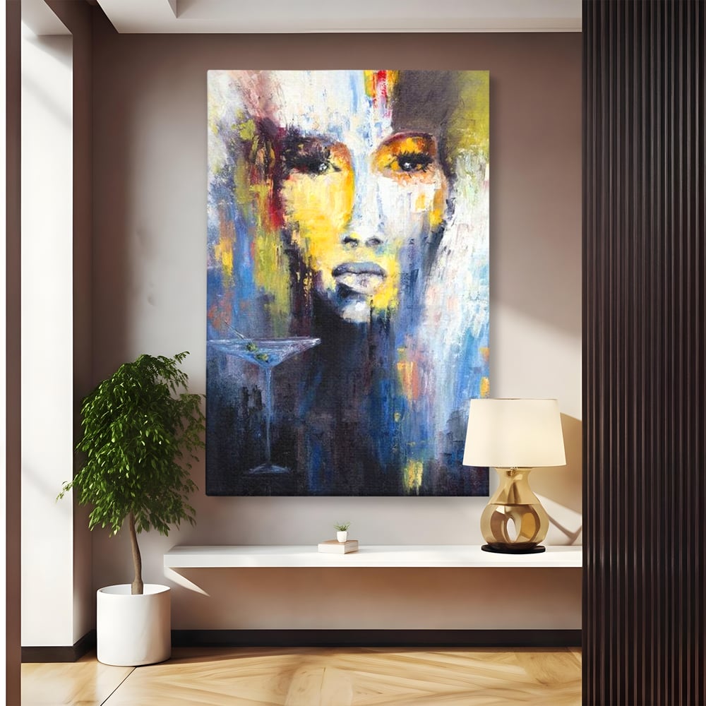 Leinwand Premium Canvas Wandkunst, LuxCanva® G1084, Frau mit Martini, Getränk, Glas, Restaurant, Cocktail, rätselhaft, abstrakt, Party, Wohnen, Schlafzimmer