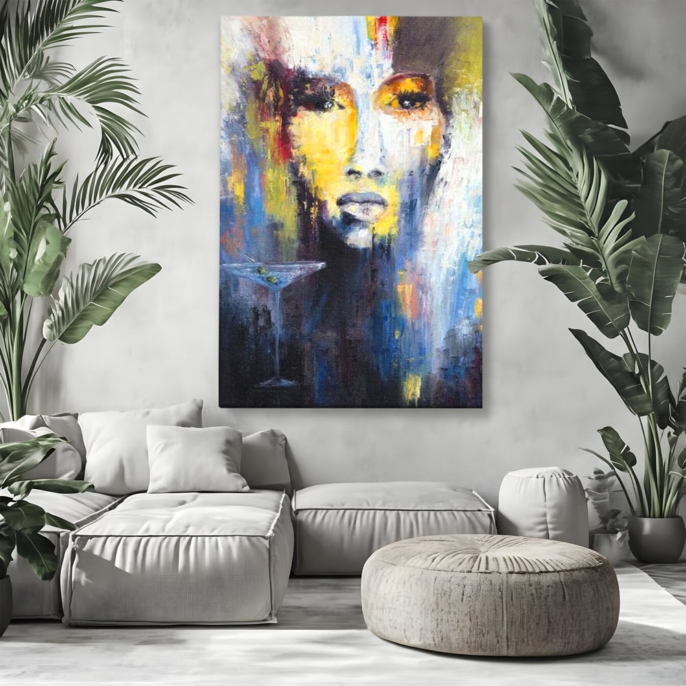 Leinwand Premium Canvas Wandkunst, LuxCanva® G1084, Frau mit Martini, Getränk, Glas, Restaurant, Cocktail, rätselhaft, abstrakt, Party, Wohnen, Schlafzimmer