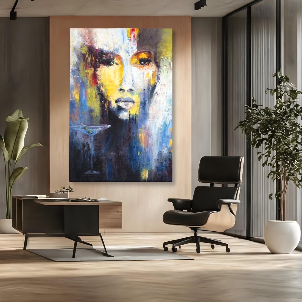 Leinwand Premium Canvas Wandkunst, LuxCanva® G1084, Frau mit Martini, Getränk, Glas, Restaurant, Cocktail, rätselhaft, abstrakt, Party, Wohnen, Schlafzimmer