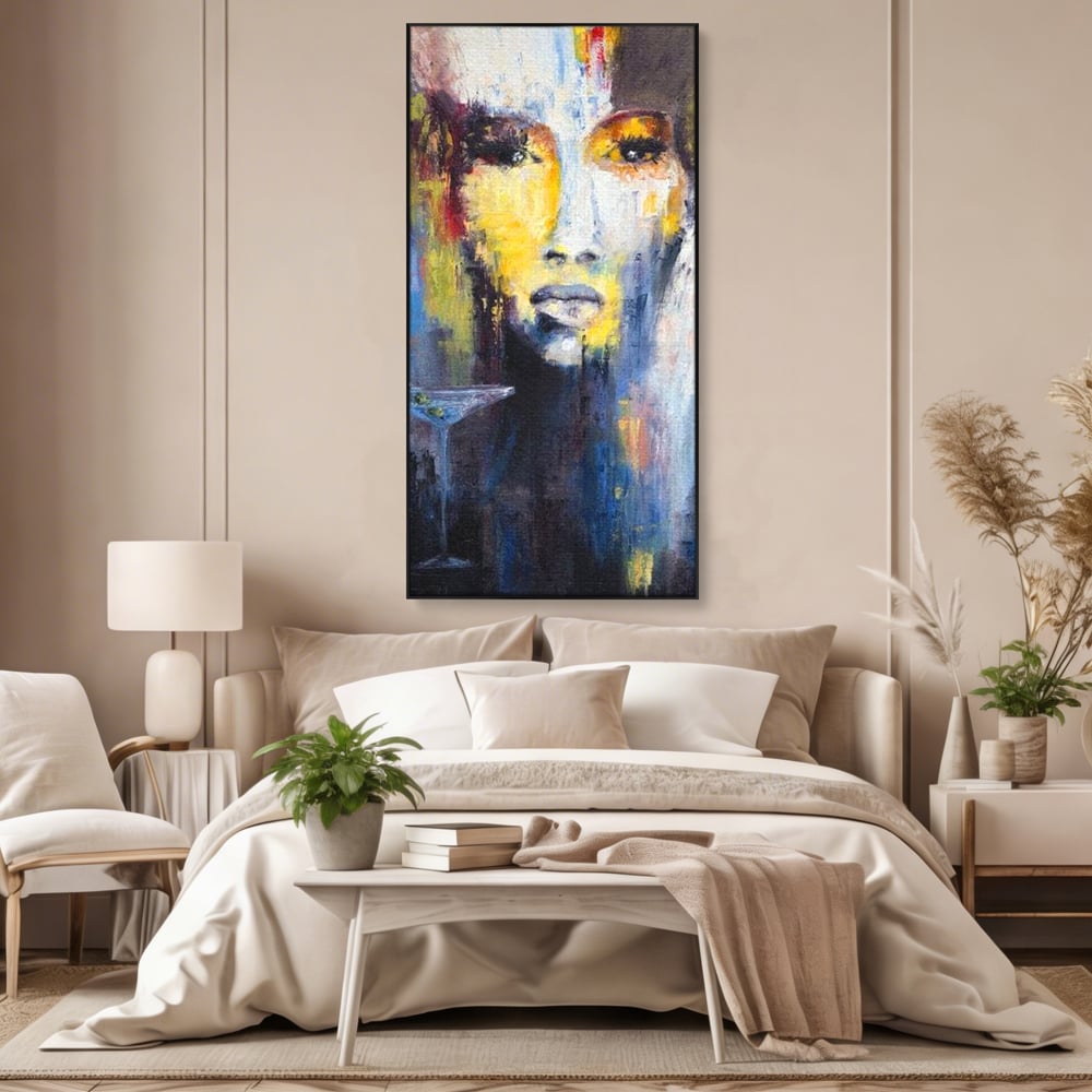 Leinwand Premium Canvas Wandkunst, LuxCanva® G1084, Frau mit Martini, Getränk, Glas, Restaurant, Cocktail, rätselhaft, abstrakt, Party, Wohnen, Schlafzimmer