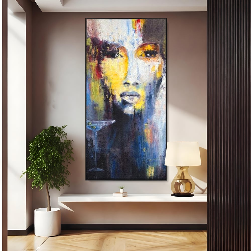 Leinwand Premium Canvas Wandkunst, LuxCanva® G1084, Frau mit Martini, Getränk, Glas, Restaurant, Cocktail, rätselhaft, abstrakt, Party, Wohnen, Schlafzimmer