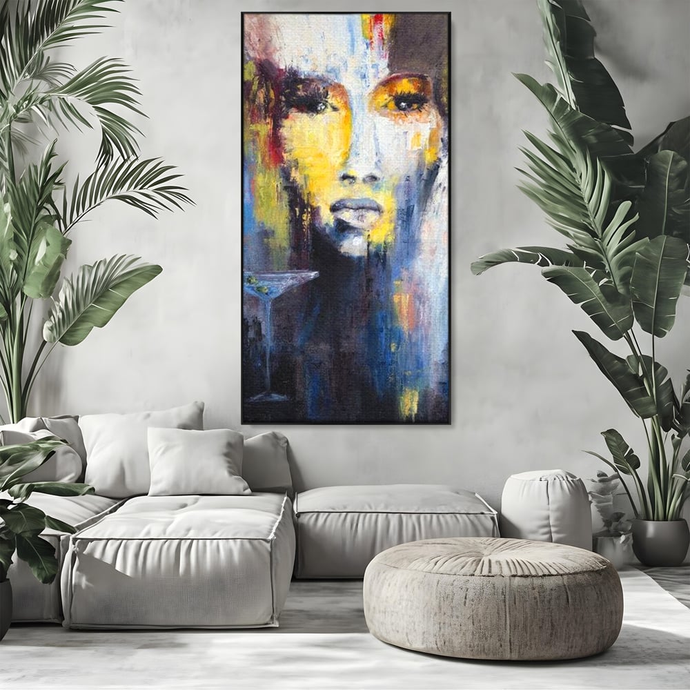 Leinwand Premium Canvas Wandkunst, LuxCanva® G1084, Frau mit Martini, Getränk, Glas, Restaurant, Cocktail, rätselhaft, abstrakt, Party, Wohnen, Schlafzimmer
