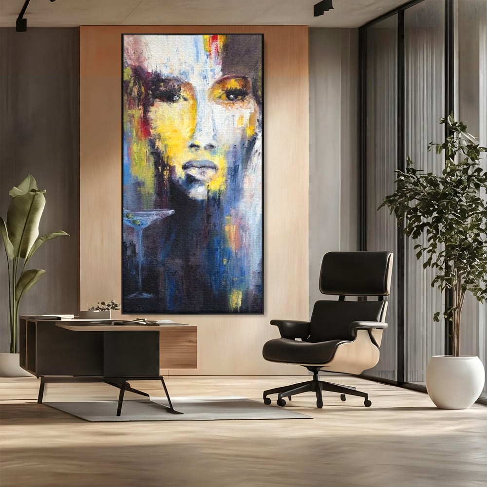Leinwand Premium Canvas Wandkunst, LuxCanva® G1084, Frau mit Martini, Getränk, Glas, Restaurant, Cocktail, rätselhaft, abstrakt, Party, Wohnen, Schlafzimmer