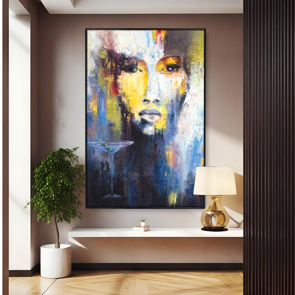 Leinwand Premium Canvas Wandkunst, LuxCanva® G1084, Frau mit Martini, Getränk, Glas, Restaurant, Cocktail, rätselhaft, abstrakt, Party, Wohnen, Schlafzimmer