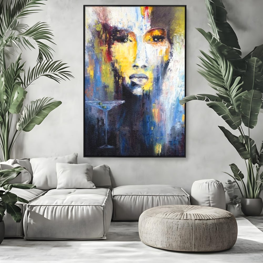 Leinwand Premium Canvas Wandkunst, LuxCanva® G1084, Frau mit Martini, Getränk, Glas, Restaurant, Cocktail, rätselhaft, abstrakt, Party, Wohnen, Schlafzimmer