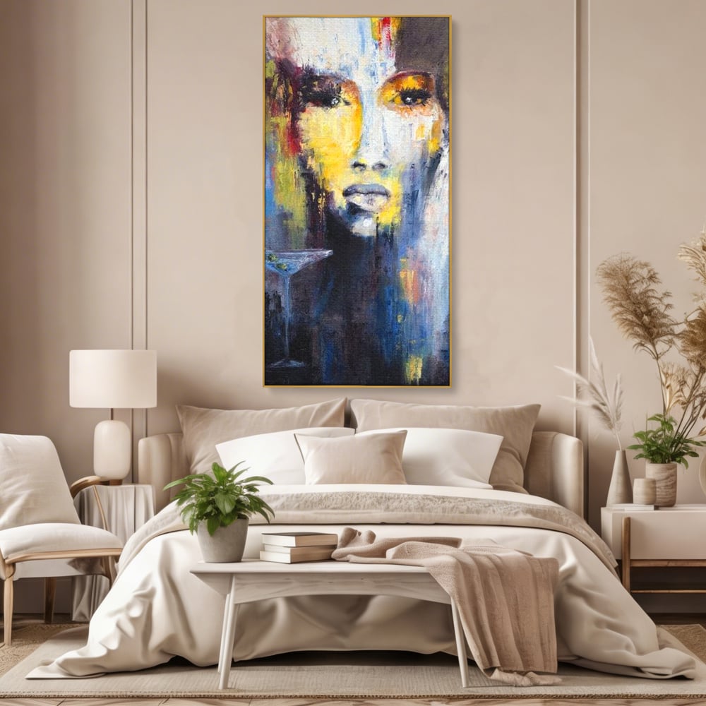 Leinwand Premium Canvas Wandkunst, LuxCanva® G1084, Frau mit Martini, Getränk, Glas, Restaurant, Cocktail, rätselhaft, abstrakt, Party, Wohnen, Schlafzimmer