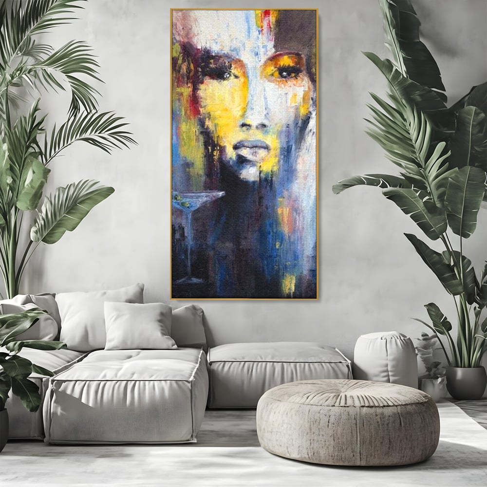 Leinwand Premium Canvas Wandkunst, LuxCanva® G1084, Frau mit Martini, Getränk, Glas, Restaurant, Cocktail, rätselhaft, abstrakt, Party, Wohnen, Schlafzimmer