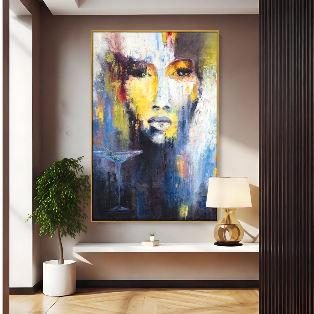 Leinwand Premium Canvas Wandkunst, LuxCanva® G1084, Frau mit Martini, Getränk, Glas, Restaurant, Cocktail, rätselhaft, abstrakt, Party, Wohnen, Schlafzimmer