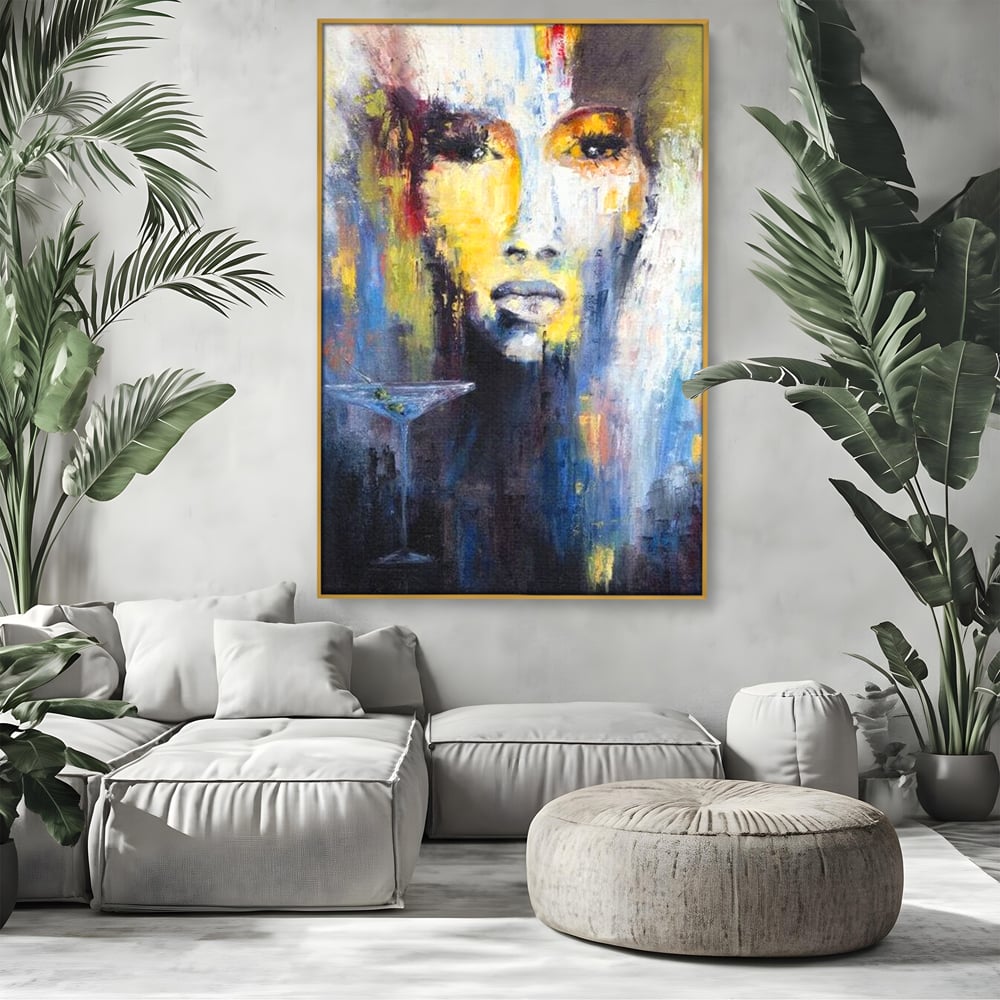 Leinwand Premium Canvas Wandkunst, LuxCanva® G1084, Frau mit Martini, Getränk, Glas, Restaurant, Cocktail, rätselhaft, abstrakt, Party, Wohnen, Schlafzimmer
