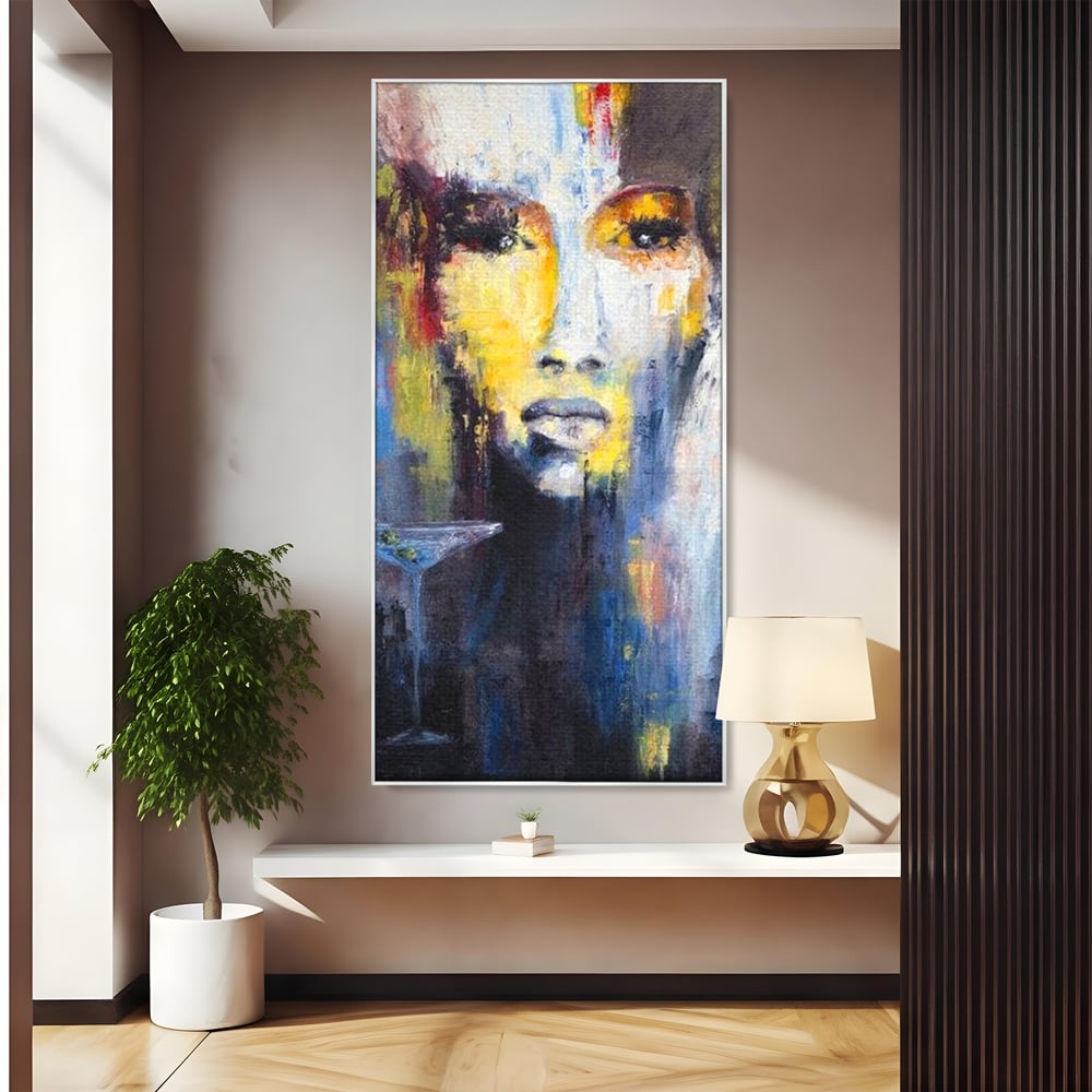 Leinwand Premium Canvas Wandkunst, LuxCanva® G1084, Frau mit Martini, Getränk, Glas, Restaurant, Cocktail, rätselhaft, abstrakt, Party, Wohnen, Schlafzimmer