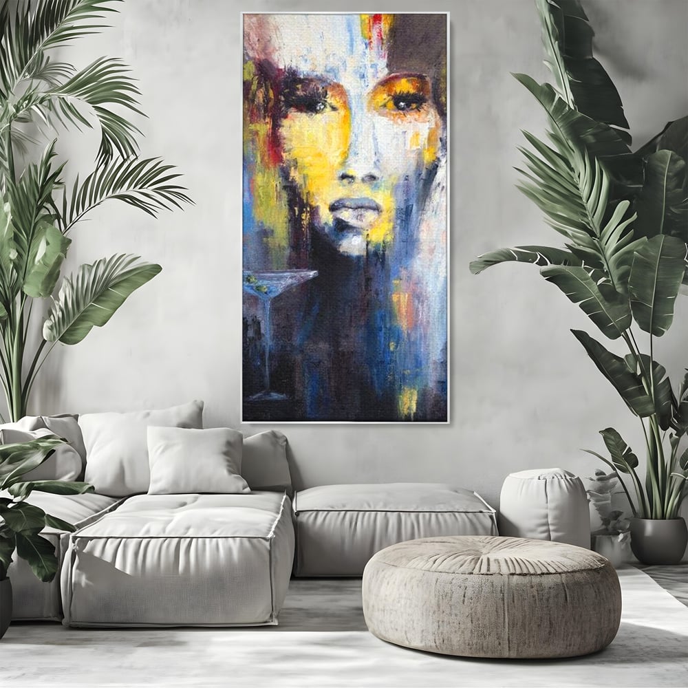 Leinwand Premium Canvas Wandkunst, LuxCanva® G1084, Frau mit Martini, Getränk, Glas, Restaurant, Cocktail, rätselhaft, abstrakt, Party, Wohnen, Schlafzimmer