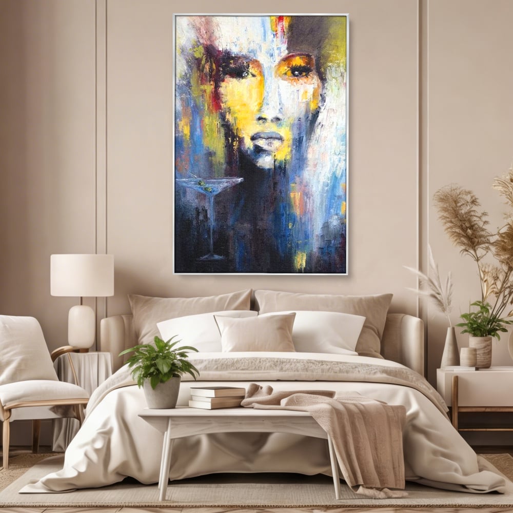 Leinwand Premium Canvas Wandkunst, LuxCanva® G1084, Frau mit Martini, Getränk, Glas, Restaurant, Cocktail, rätselhaft, abstrakt, Party, Wohnen, Schlafzimmer