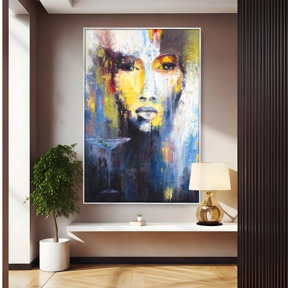 Leinwand Premium Canvas Wandkunst, LuxCanva® G1084, Frau mit Martini, Getränk, Glas, Restaurant, Cocktail, rätselhaft, abstrakt, Party, Wohnen, Schlafzimmer