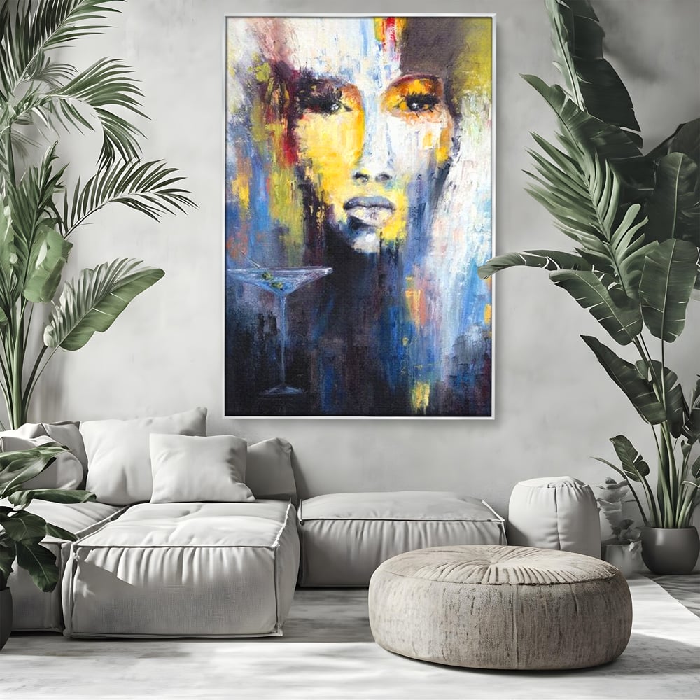 Leinwand Premium Canvas Wandkunst, LuxCanva® G1084, Frau mit Martini, Getränk, Glas, Restaurant, Cocktail, rätselhaft, abstrakt, Party, Wohnen, Schlafzimmer