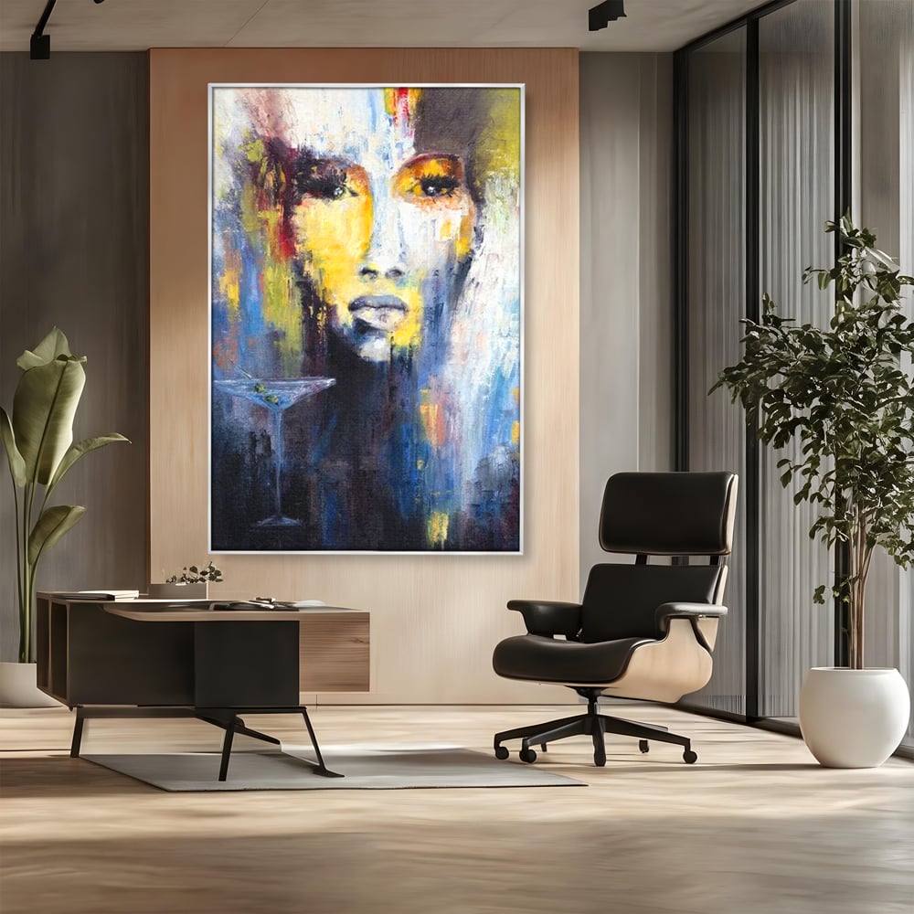 Leinwand Premium Canvas Wandkunst, LuxCanva® G1084, Frau mit Martini, Getränk, Glas, Restaurant, Cocktail, rätselhaft, abstrakt, Party, Wohnen, Schlafzimmer