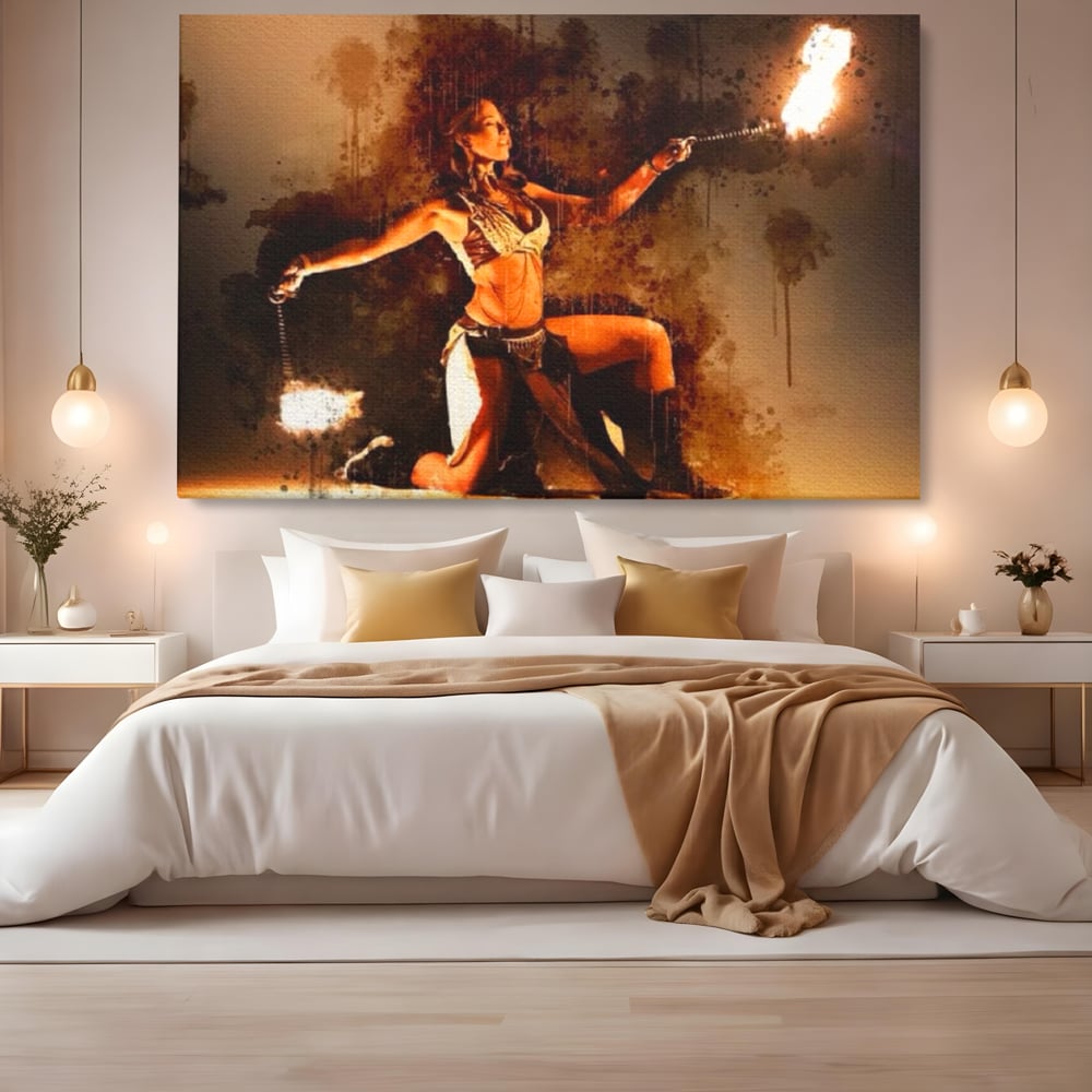 Leinwand Wandkunst Canvas Premium, LuxCanva® G1086, Feuertanz, Kraft, Brandstiftung, Spektakel, Künstler, Show, Zirkus, Kunst, Flammen, Atmosphäre, Wohnen, Schlafzimmer