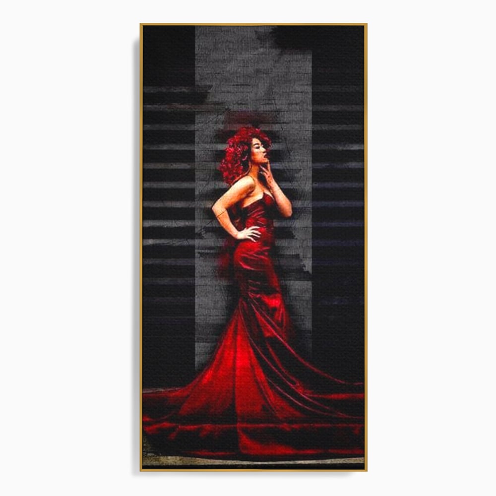 Leinwand Wandkunst Canvas Premium, LuxCanva® G1090, Eine Diva in Rot, Kleid, Rot, Nacht, Verführung, Königin, Nacht, Date, Mode, Wohnen, Schlafzimmer