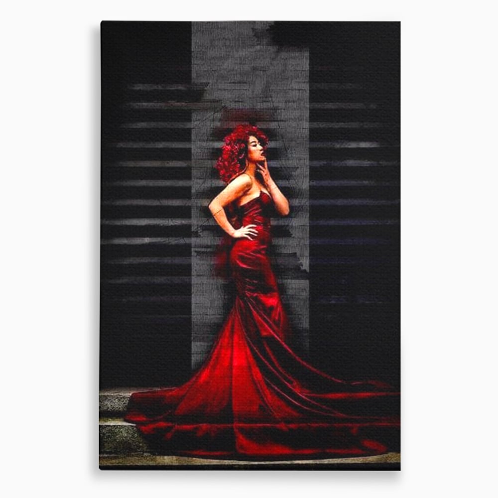 Leinwand Wandkunst Canvas Premium, LuxCanva® G1090, Eine Diva in Rot, Kleid, Rot, Nacht, Verführung, Königin, Nacht, Date, Mode, Wohnen, Schlafzimmer