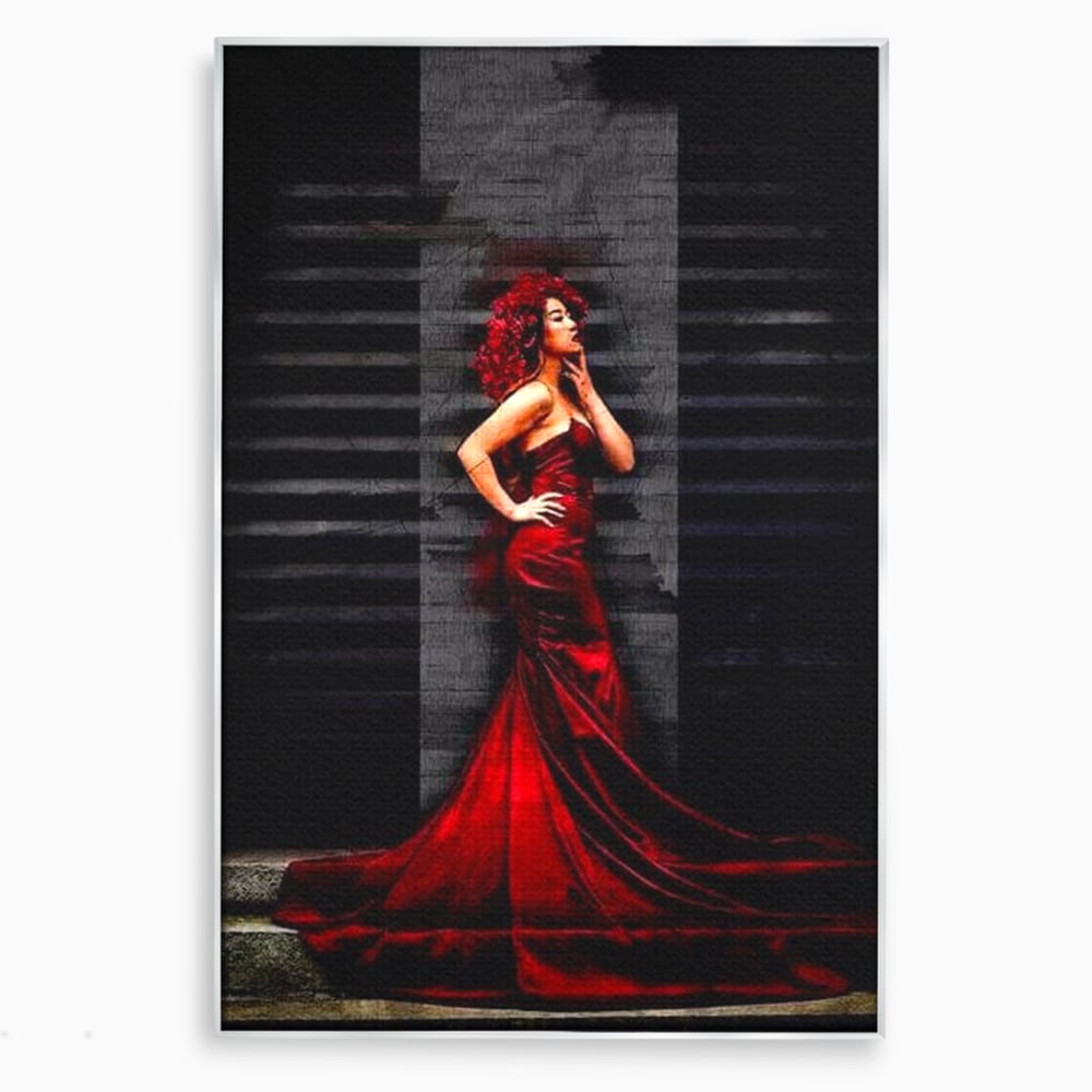 Leinwand Wandkunst Canvas Premium, LuxCanva® G1090, Eine Diva in Rot, Kleid, Rot, Nacht, Verführung, Königin, Nacht, Date, Mode, Wohnen, Schlafzimmer