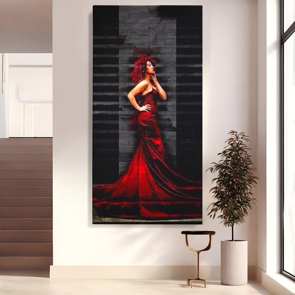 Leinwand Wandkunst Canvas Premium, LuxCanva® G1090, Eine Diva in Rot, Kleid, Rot, Nacht, Verführung, Königin, Nacht, Date, Mode, Wohnen, Schlafzimmer