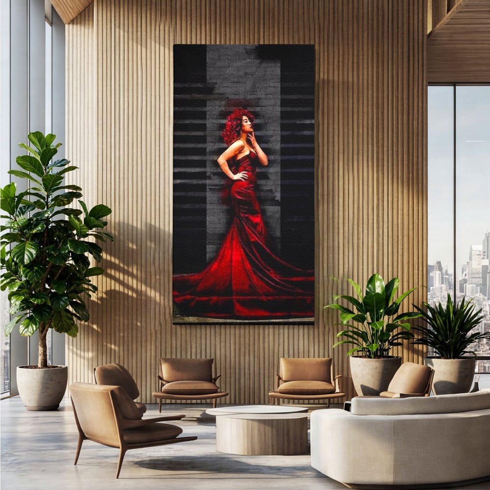 Leinwand Wandkunst Canvas Premium, LuxCanva® G1090, Eine Diva in Rot, Kleid, Rot, Nacht, Verführung, Königin, Nacht, Date, Mode, Wohnen, Schlafzimmer