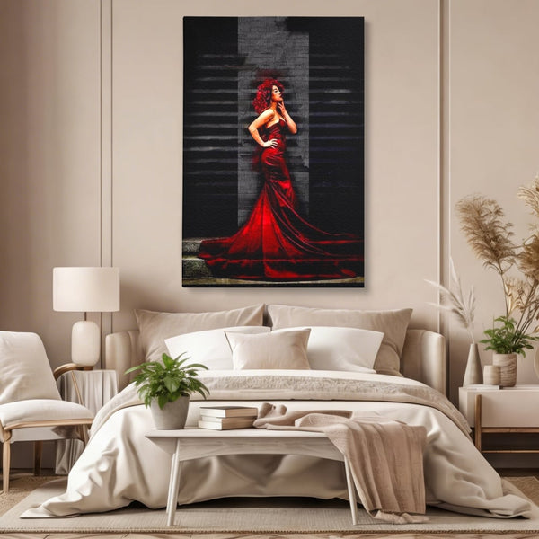 Leinwand Wandkunst Canvas Premium, LuxCanva® G1090, Eine Diva in Rot, Kleid, Rot, Nacht, Verführung, Königin, Nacht, Date, Mode, Wohnen, Schlafzimmer