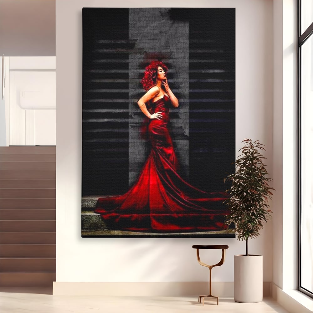 Leinwand Wandkunst Canvas Premium, LuxCanva® G1090, Eine Diva in Rot, Kleid, Rot, Nacht, Verführung, Königin, Nacht, Date, Mode, Wohnen, Schlafzimmer