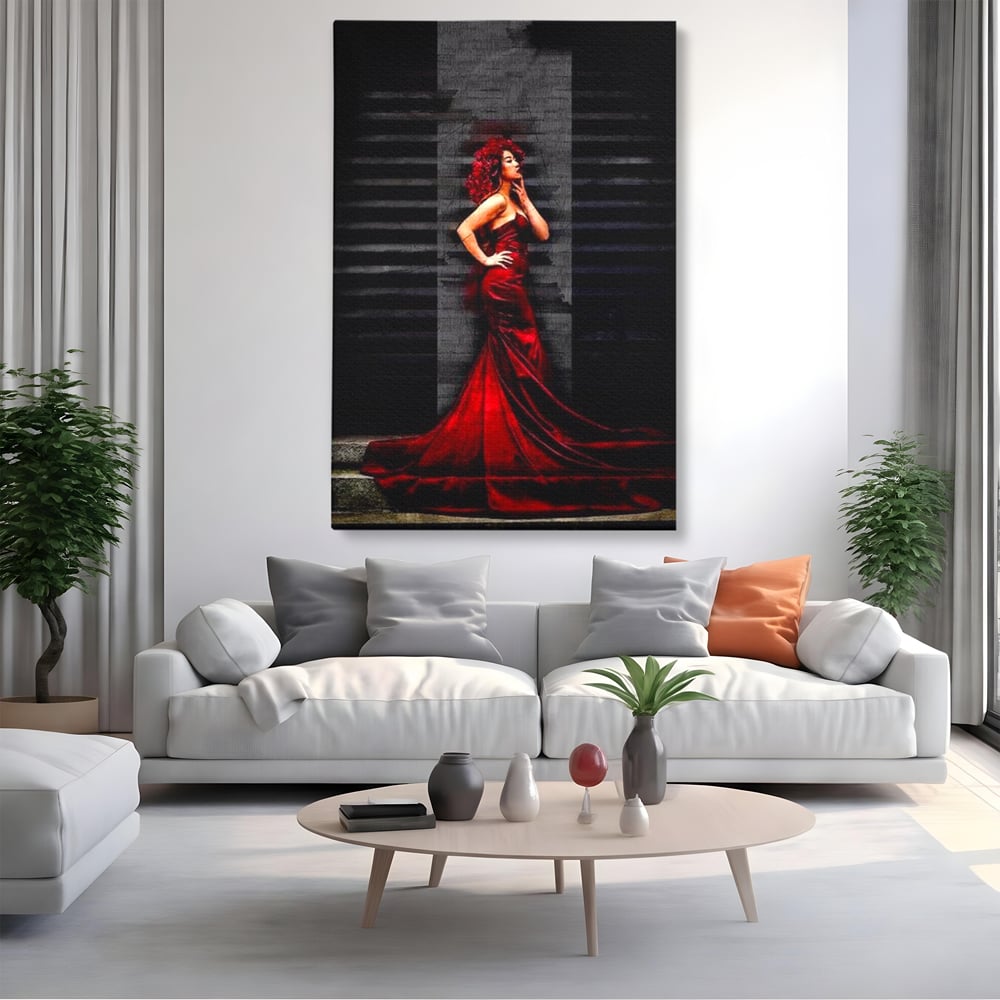 Leinwand Wandkunst Canvas Premium, LuxCanva® G1090, Eine Diva in Rot, Kleid, Rot, Nacht, Verführung, Königin, Nacht, Date, Mode, Wohnen, Schlafzimmer