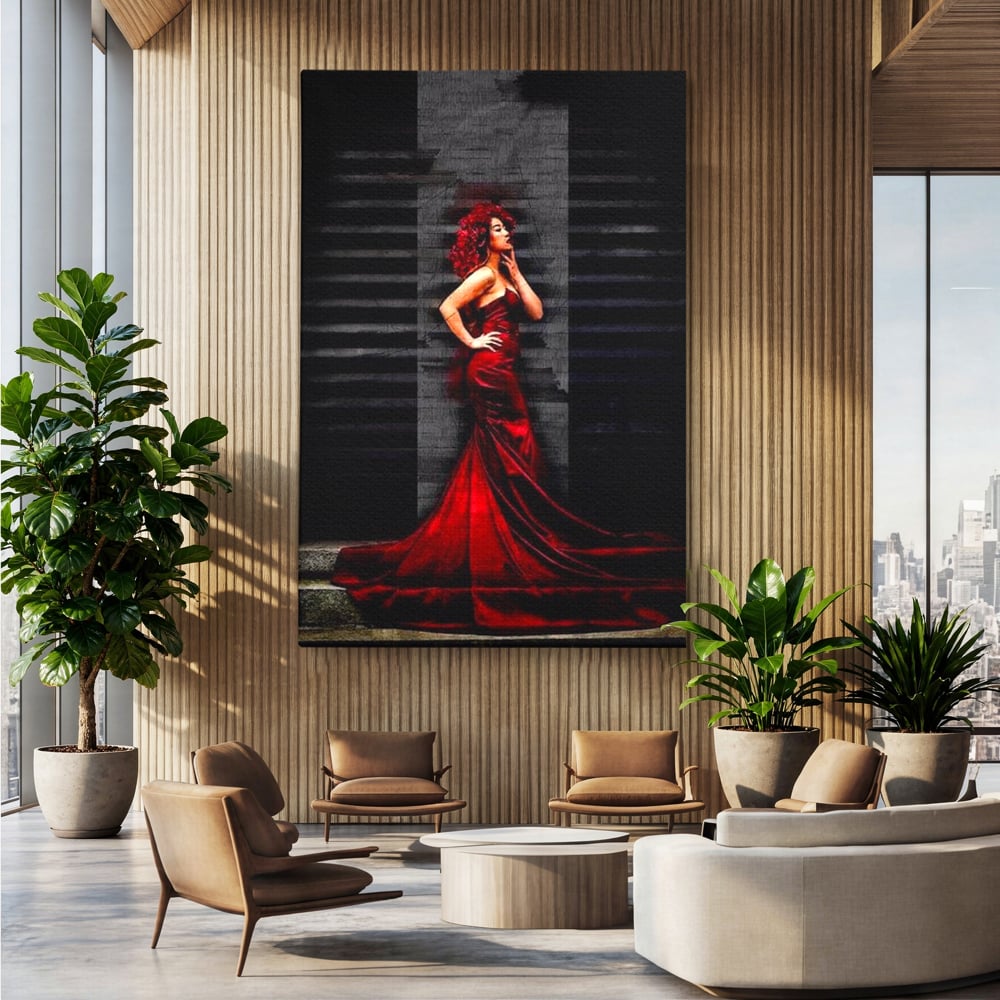 Leinwand Wandkunst Canvas Premium, LuxCanva® G1090, Eine Diva in Rot, Kleid, Rot, Nacht, Verführung, Königin, Nacht, Date, Mode, Wohnen, Schlafzimmer