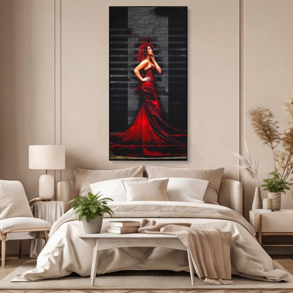 Leinwand Wandkunst Canvas Premium, LuxCanva® G1090, Eine Diva in Rot, Kleid, Rot, Nacht, Verführung, Königin, Nacht, Date, Mode, Wohnen, Schlafzimmer