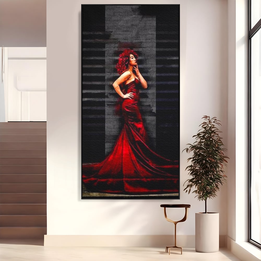Leinwand Wandkunst Canvas Premium, LuxCanva® G1090, Eine Diva in Rot, Kleid, Rot, Nacht, Verführung, Königin, Nacht, Date, Mode, Wohnen, Schlafzimmer