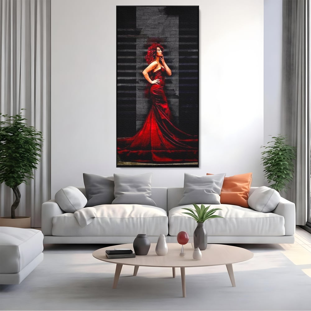 Leinwand Wandkunst Canvas Premium, LuxCanva® G1090, Eine Diva in Rot, Kleid, Rot, Nacht, Verführung, Königin, Nacht, Date, Mode, Wohnen, Schlafzimmer