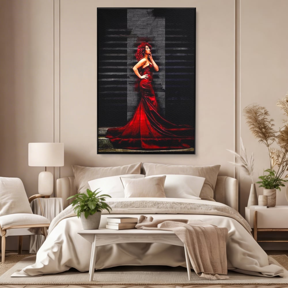 Leinwand Wandkunst Canvas Premium, LuxCanva® G1090, Eine Diva in Rot, Kleid, Rot, Nacht, Verführung, Königin, Nacht, Date, Mode, Wohnen, Schlafzimmer