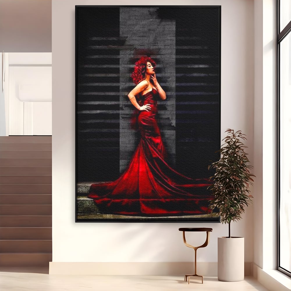 Leinwand Wandkunst Canvas Premium, LuxCanva® G1090, Eine Diva in Rot, Kleid, Rot, Nacht, Verführung, Königin, Nacht, Date, Mode, Wohnen, Schlafzimmer